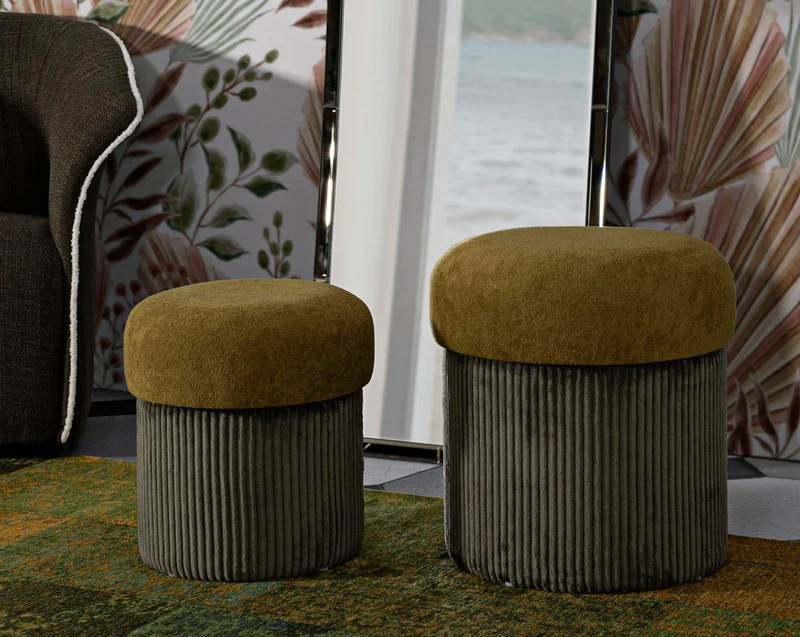 Puff con Contenitore Aspen Verde Set 2 Pz Ø42x44 cm - Ø35x37 cm in MDF e Spugna e Poliestere Verde
