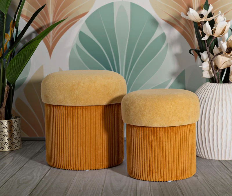 Puff con Contenitore Aspen Senape Set 2 Pz Ø42x44 cm - Ø35x37 cm in MDF e Spugna e Poliestere Senape