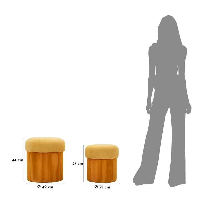 Puff con Contenitore Aspen Senape Set 2 Pz Ø42x44 cm - Ø35x37 cm in MDF e Spugna e Poliestere Senape