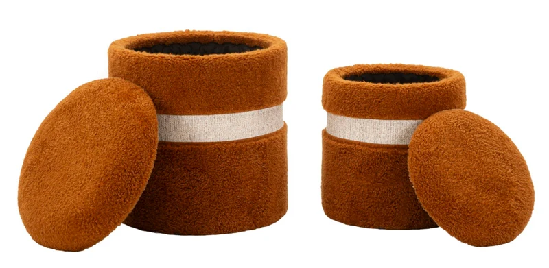 Puff con Contenitore Saint-moritz Marrone Set 2 Pz Ø40x47 cm - Ø32x38 cm in MDF e Spugna e Poliestere Marrone