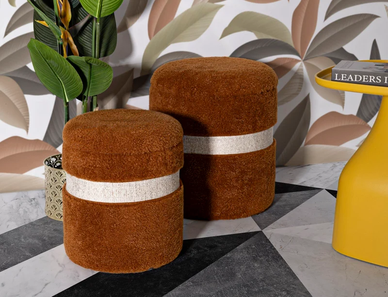 Puff con Contenitore Saint-moritz Marrone Set 2 Pz Ø40x47 cm - Ø32x38 cm in MDF e Spugna e Poliestere Marrone