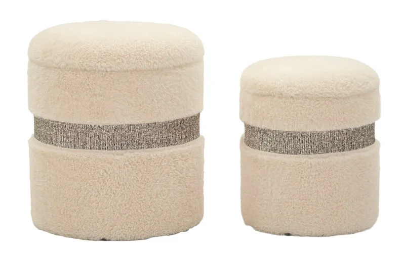 Puff con Contenitore Saint-moritz Crema Set 2 Pz Ø40x47 cm - Ø32x38 cm in MDF e Spugna e Poliestere Crema
