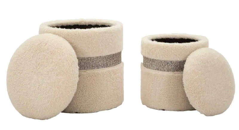 Puff con Contenitore Saint-moritz Crema Set 2 Pz Ø40x47 cm - Ø32x38 cm in MDF e Spugna e Poliestere Crema