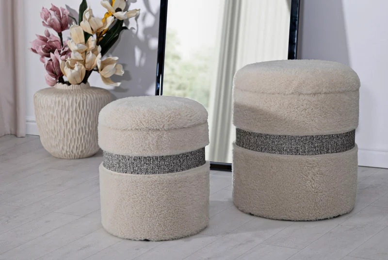 Puff con Contenitore Saint-moritz Crema Set 2 Pz Ø40x47 cm - Ø32x38 cm in MDF e Spugna e Poliestere Crema