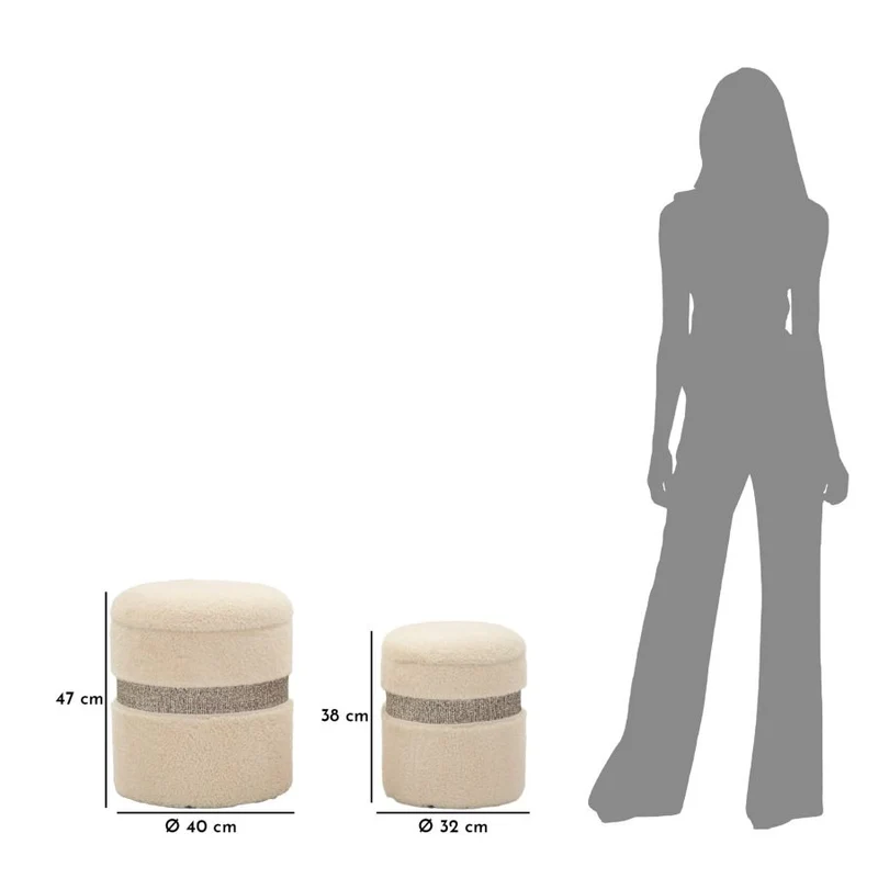 Puff con Contenitore Saint-moritz Crema Set 2 Pz Ø40x47 cm - Ø32x38 cm in MDF e Spugna e Poliestere Crema