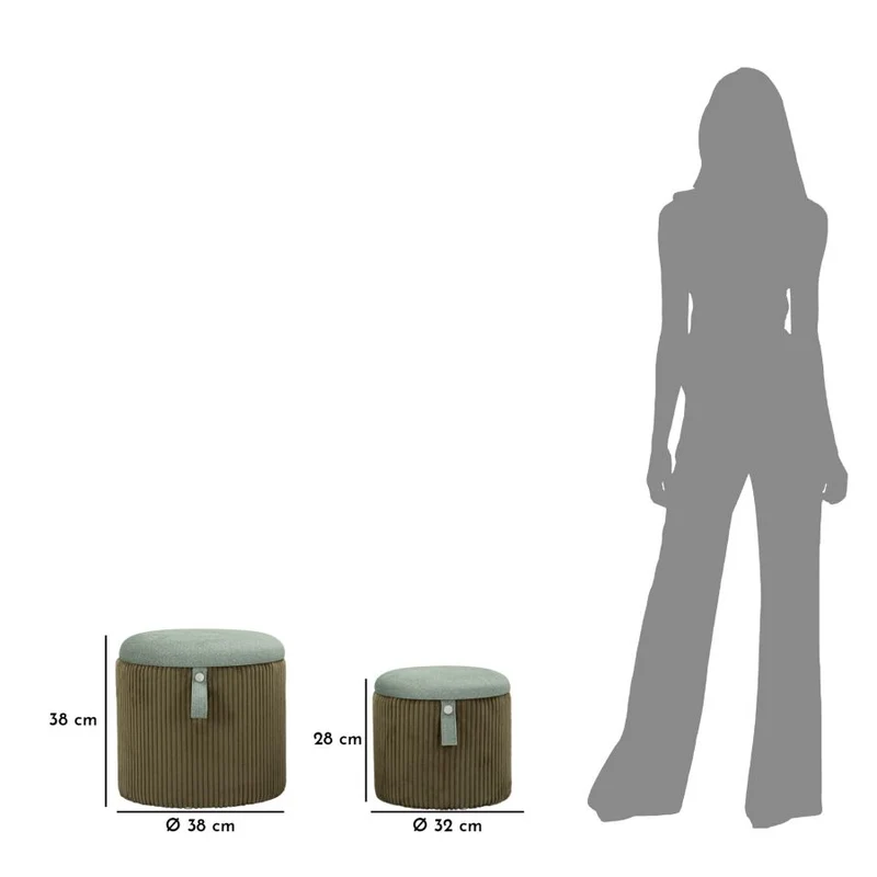Puff con Contenitore Bolzano Verde Set 2 Pz Ø38x38 cm - Ø32x28 cm in MDF e Spugna e Poliestere Verde
