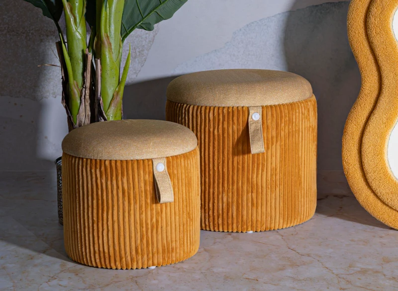 Puff con Contenitore Bolzano Senape Set 2 Pz Ø38x38 cm - Ø32x28 cm in MDF e Spugna e Poliestere Giallo