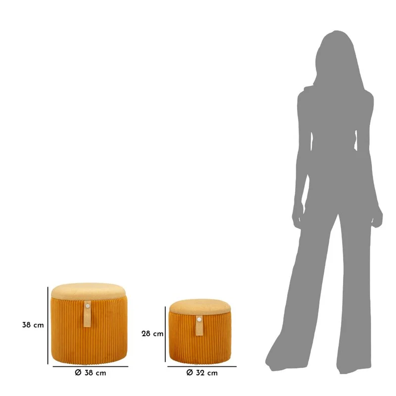 Puff con Contenitore Bolzano Senape Set 2 Pz Ø38x38 cm - Ø32x28 cm in MDF e Spugna e Poliestere Giallo