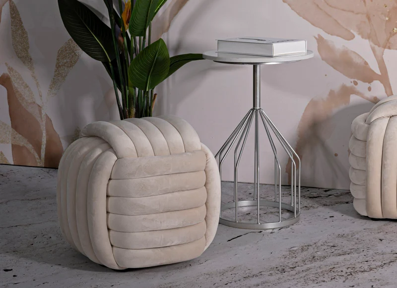 Puff Softy Crema 45x45x45 cm in MDF e Cotone e Poliestere Crema