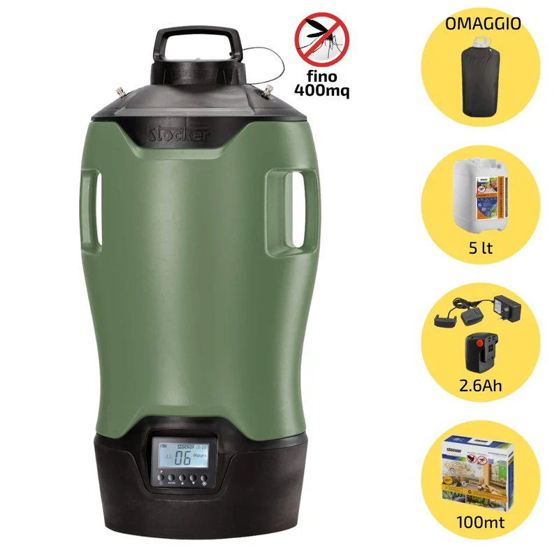 Sistema Antizanzare Geyser Nebulizzatore Evolution E-25 MI Verde 21V Stocker con Batteria + Kit PROMO