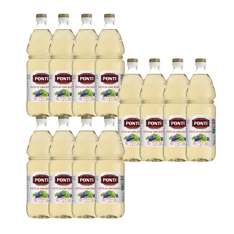 Ponti, Aceto di Vino Classico Bianco, Realizzato con Vini Selezionati, Ideale per Accompagnare Verdure Crude e Cotte, Acidità 6%, 100% Made in Italy, 12 Bottiglie in PET da 1L