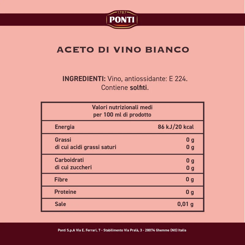 Ponti, Aceto di Vino Classico Bianco, Realizzato con Vini Selezionati, Ideale per Accompagnare Verdure Crude e Cotte, Acidità 6%, 100% Made in Italy, 12 Bottiglie in PET da 1L