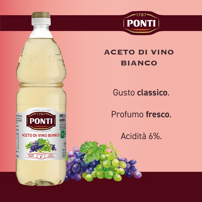 Ponti, Aceto di Vino Classico Bianco, Realizzato con Vini Selezionati, Ideale per Accompagnare Verdure Crude e Cotte, Acidità 6%, 100% Made in Italy, 12 Bottiglie in PET da 1L