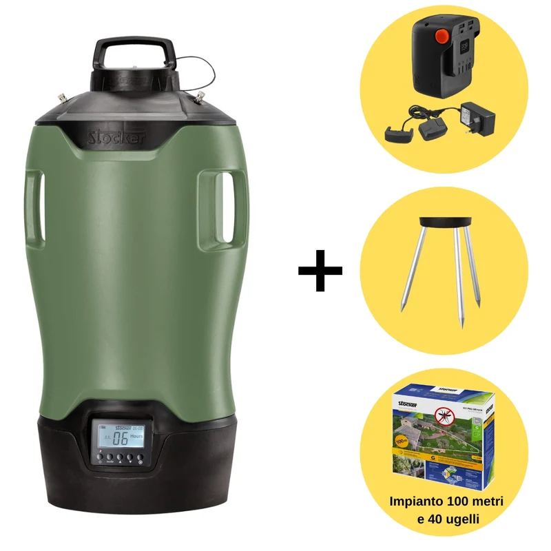 Sistema Antizanzare Geyser Nebulizzatore E-25 MI Verde 21V Stocker con Batteria + Kit 40 ugelli