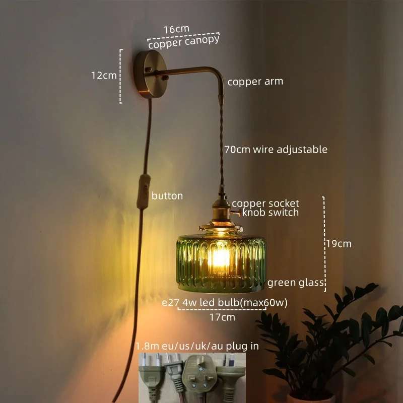 Stylish Japanese-Style LED Wall Sconce – Green Glass, Copper Frame