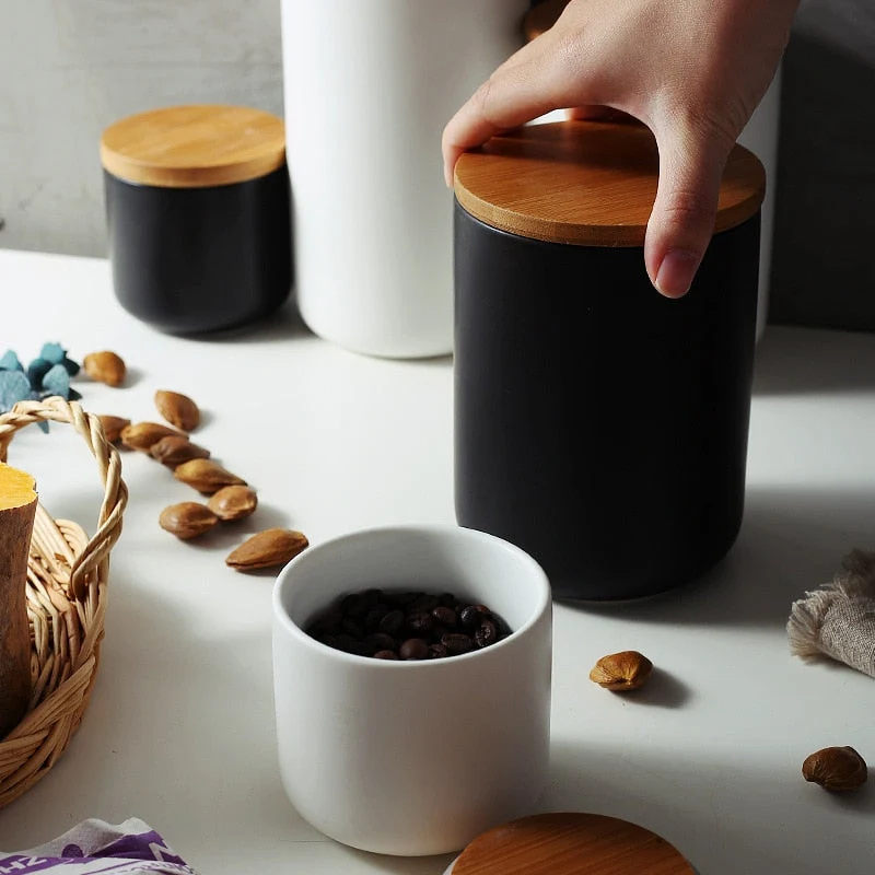 Ceramic Kitchen Food Storage Jar with Airtight Wooden Lid