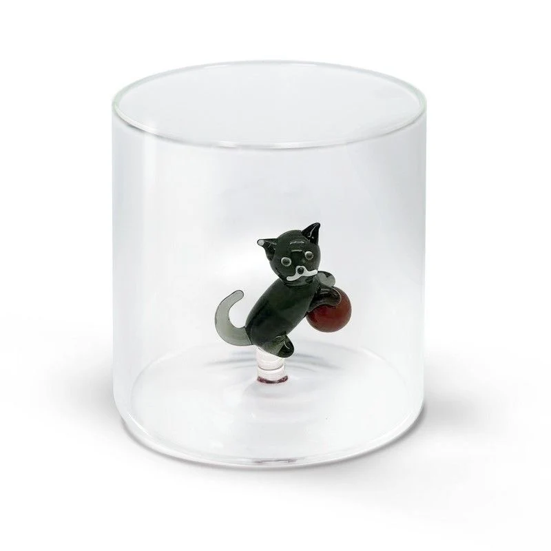 Bicchiere in Vetro Borosilicato con Statuina Gatto 250 ml Trasparente Wd Lifestyle