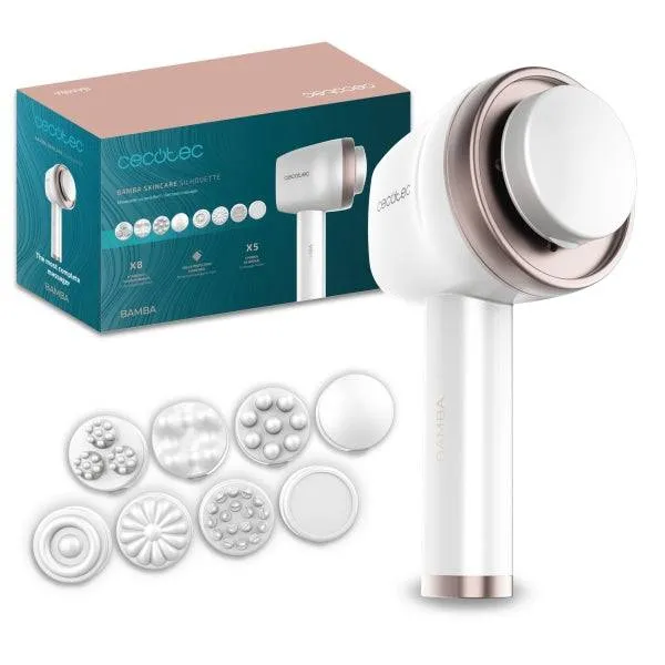 Cecotec Bamba SkinCare Push Up Massaggiatore Corporale Anticellulite - 8 Testine Intercambiabili - Rete Protettiva - 5 Modalità - Autonomia 1.5h - Spegnimento Automatico - Ergonomico - Colore Bianco