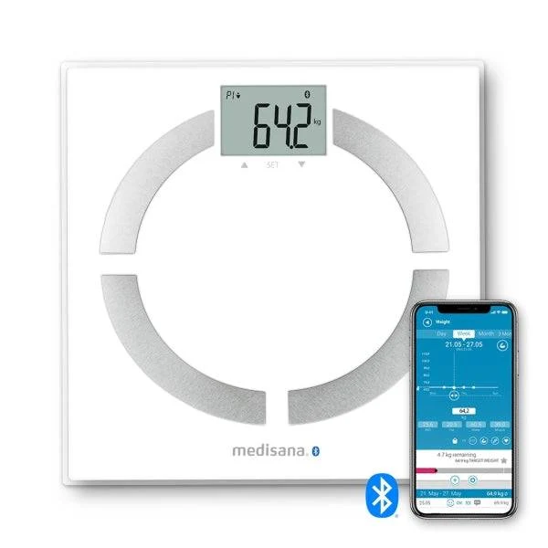 Medisana BS444 Bilancia Analisi Corporale con Bluetooth - Misurazione Peso, IMC, BMR e Composizione Corporale - Sensori Alta Precisione - Display LCD Facile da Leggere - Memoria per 8 Utenti - Sincronizzazione con App