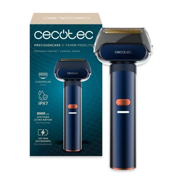 Cecotec PrecisionCare X-Trimm ProElite Rasoio Cordless - Corpo in Alluminio - 8500rpm - Batteria 1300mAh - Lame Titanio - 3 Velocità - IPX7 - Blocco di Sicurezza - Colore Blu Marino