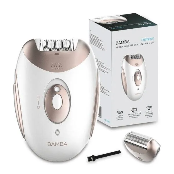 Cecotec Bamba SkinCare Depil-Action Go Epilatore Cordless - Uso con Cavo - Autonomia 40min - Testina Zone Sensibili - Sistema 18 Pinzette - 2 Velocità - Colore Bianco