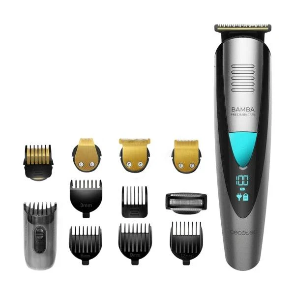 Cecotec Bamba PrecisionCare Pro Rasoio Tagliacapelli 5 in 1 - IPX7 - Lame Titanio - Batteria 500mAh - Uso Cordless e con Cavo - Display Digitale - Pettini Regolabili - Colore Grigio