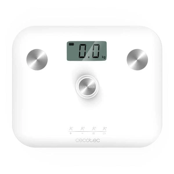 Cecotec Surface Precision EcoPower 10100 Full Healthy White Bilancia Pesapersone fino a 180kg - Energia senza Pile - Misurazione Bioimpedenza - 4 Sensori - Piedini Antiscivolo - Display LCD - Colore Bianco