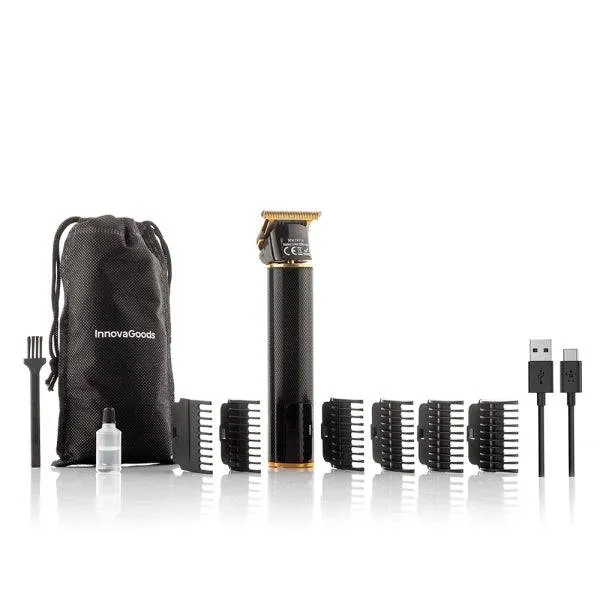 Innovagoods Triher Tosacapelli Professionale Ricaricabile - Autonomia 3h - Pettini Assortiti - Resistente all'Acqua - Batteria 1200mAh - Display LCD - Accessori Inclusi - 4x16x3cm - Colore Nero e Oro