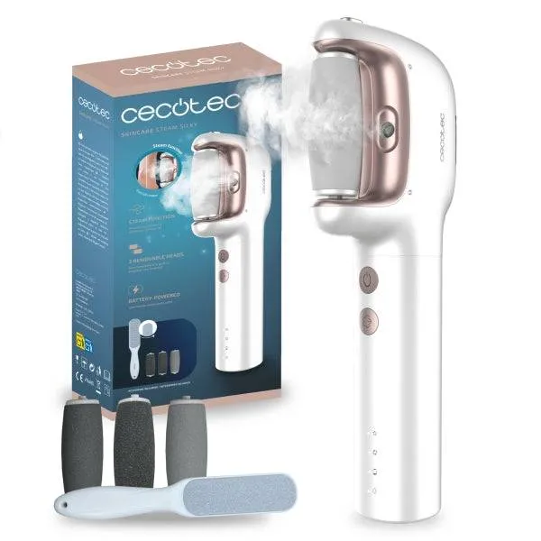 Cecotec SkinCare Steam Silky Lima Elettrica per Piedi - Funzione Vapore Regolabile - 3 Testine Estraibili - Uso Cordless - IPX7 - Raschietto Aggiuntivo - Serbatoio Magnetico - Colore Bianco e Rosa