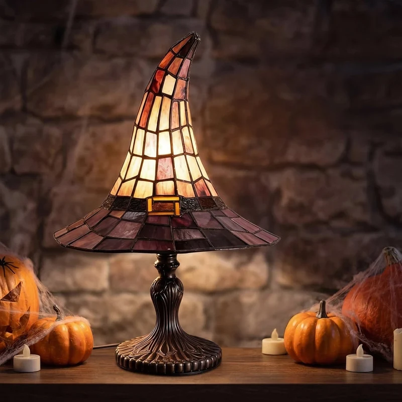 Halloween Decoration Table Lamp in the Shape of a Witch's Hat, Stained Glass