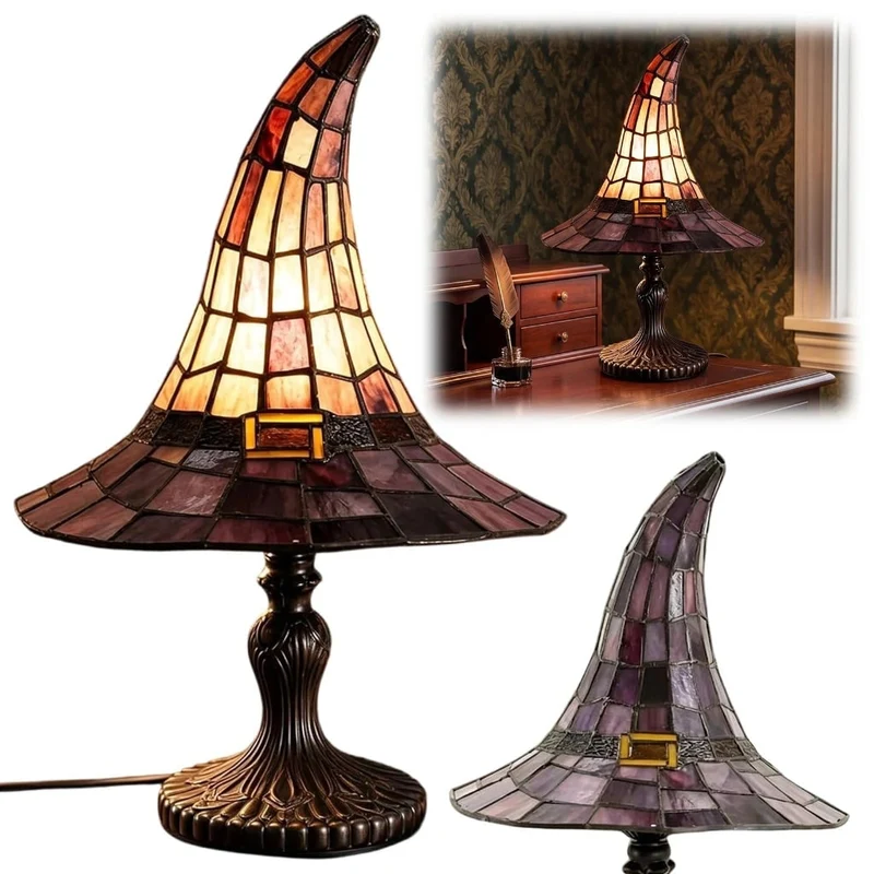 Halloween Decoration Table Lamp in the Shape of a Witch's Hat, Stained Glass