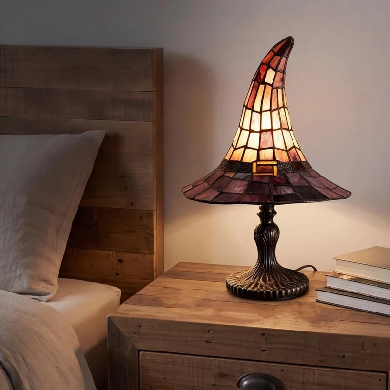 Halloween Decoration Table Lamp in the Shape of a Witch's Hat, Stained Glass