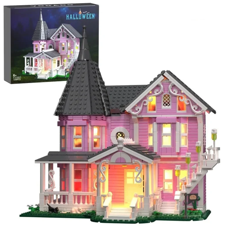 Halloween Victorian House Building Blocks with LED Lighting and 1349 Building Pieces