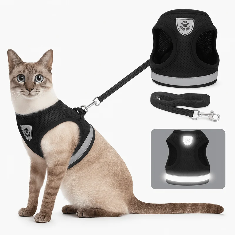 Kattentuigje met riem – Verstelbaar mesh met reflecterende streep