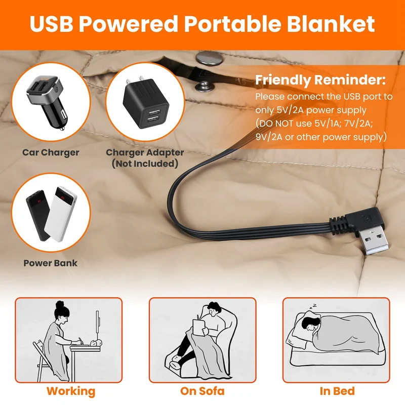USB-Heated Electric Blanket with Poncho Function, Pockets, and Hand Openings