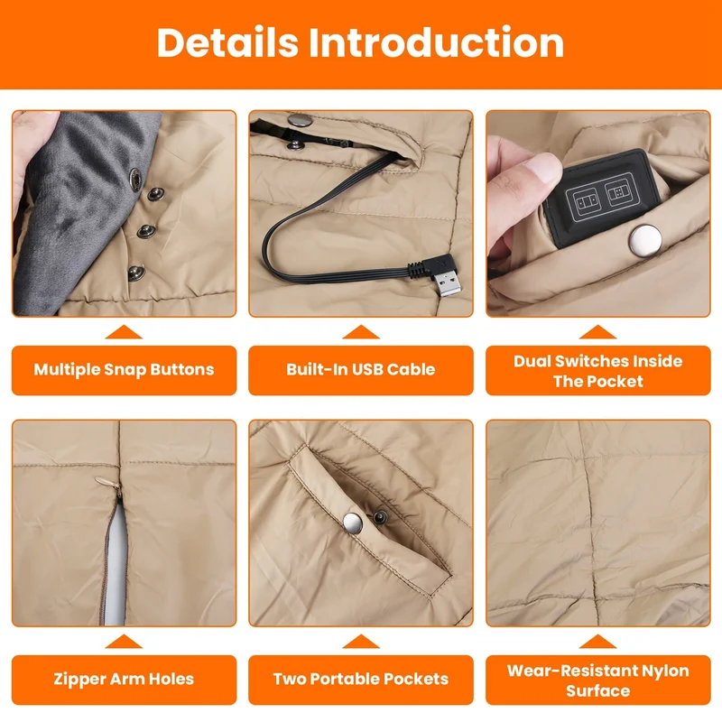 USB-Heated Electric Blanket with Poncho Function, Pockets, and Hand Openings