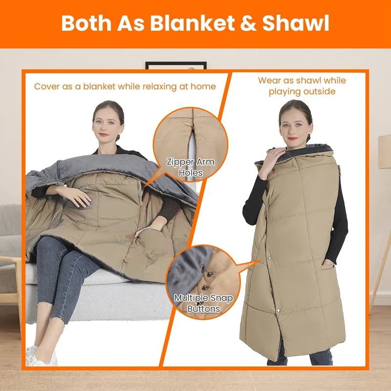 USB-Heated Electric Blanket with Poncho Function, Pockets, and Hand Openings