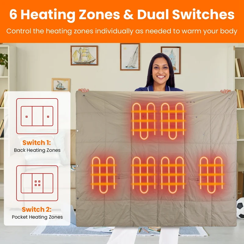 USB-Heated Electric Blanket with Poncho Function, Pockets, and Hand Openings