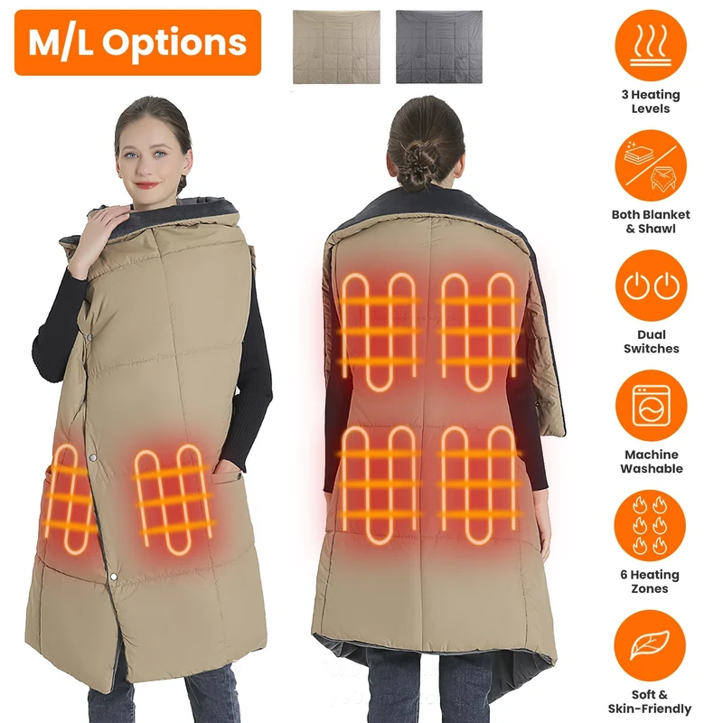 USB-Heated Electric Blanket with Poncho Function, Pockets, and Hand Openings