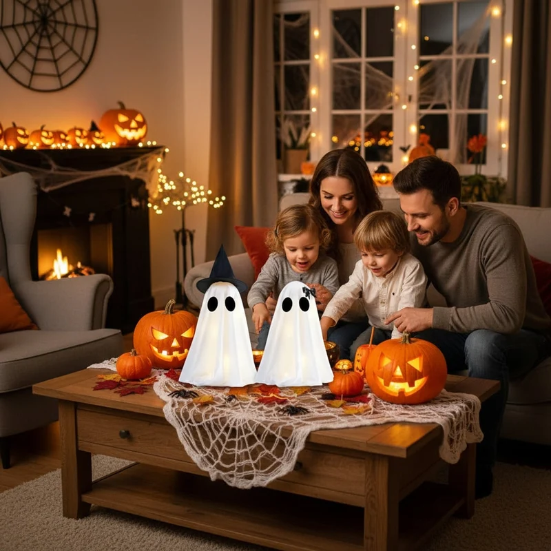 Halloween Ghost Ornaments and Decorations with LED Lights, Illuminated, Set of 2
