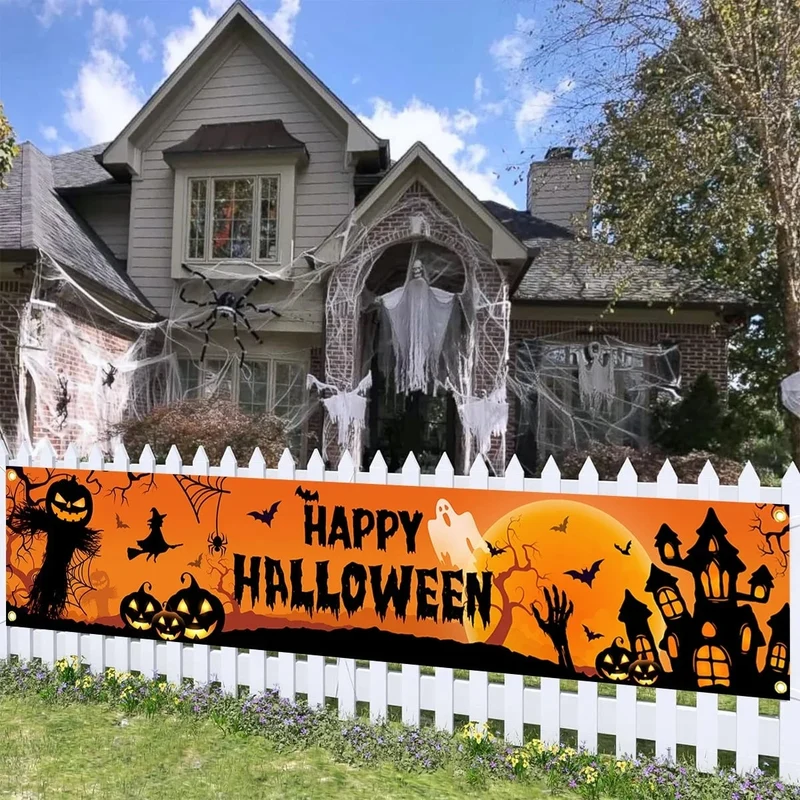 Halloween Pumpkin and Ghost Fence Banner 200x40 cm Polyester with Metal Grommets