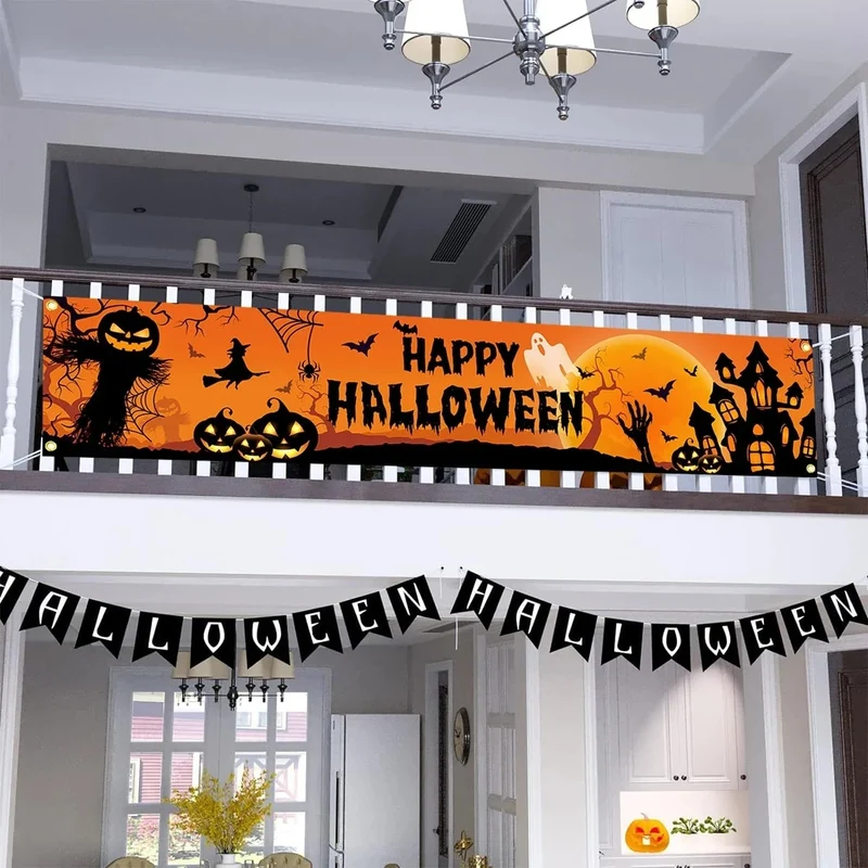Halloween Pumpkin and Ghost Fence Banner 200x40 cm Polyester with Metal Grommets