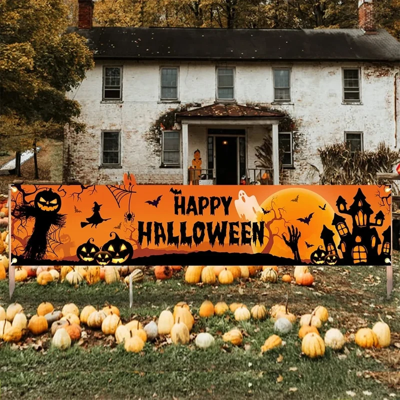 Halloween Pumpkin and Ghost Fence Banner 200x40 cm Polyester with Metal Grommets