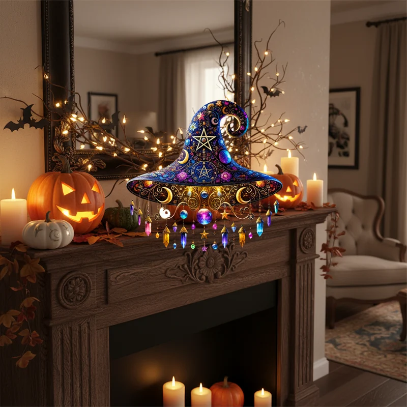 Halloween Hanging Witch Hat Decoration with Glass Beads and Crystals