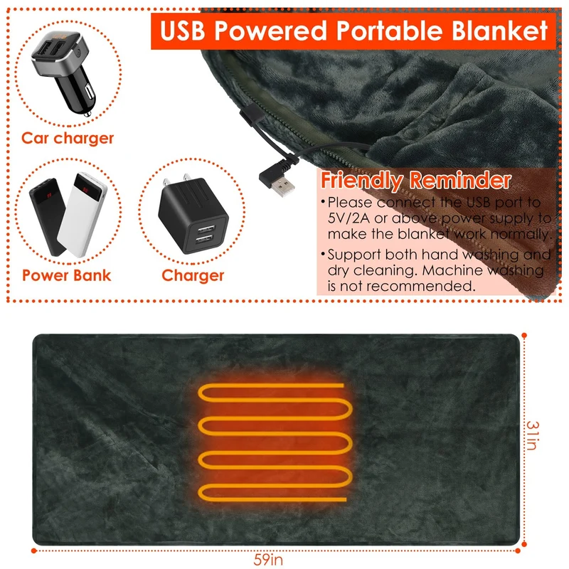 USB Heated Electric Blanket with Shoulder Fastener 150x80 cm 12V
