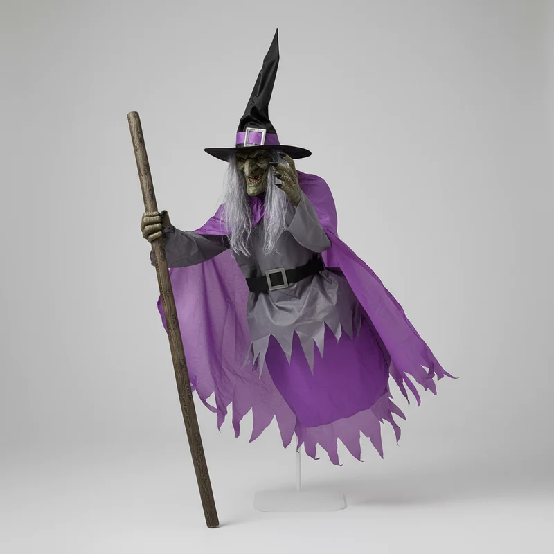 Halloween Witch on a Broom Decoration with LED Illumination and Metal Stand