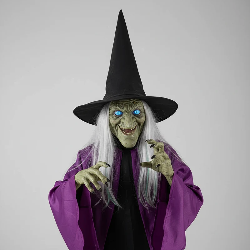 Halloween Witch on a Broom Decoration with LED Illumination and Metal Stand