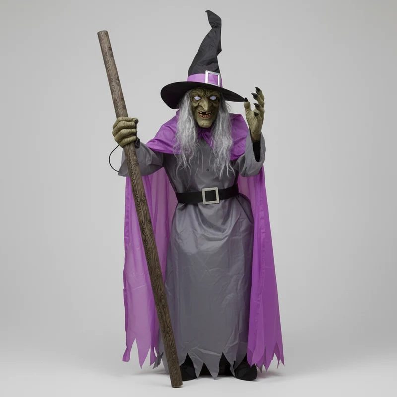 Halloween Witch on a Broom Decoration with LED Illumination and Metal Stand
