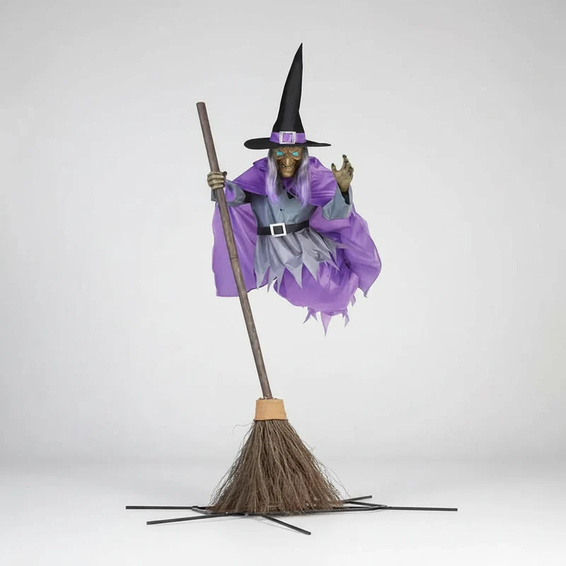 Halloween Witch on a Broom Decoration with LED Illumination and Metal Stand