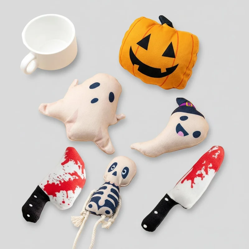 Halloween Plush Cat Toy with Catnip, Ghost, Pumpkin, Skeleton, and Litter Theme